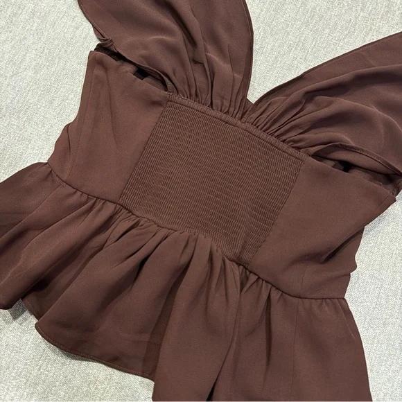 NWOT Express Chocolate Brown Sweetheart Neckline Peplum Flutter Sleeve Crop Top - Picture 9 of 9